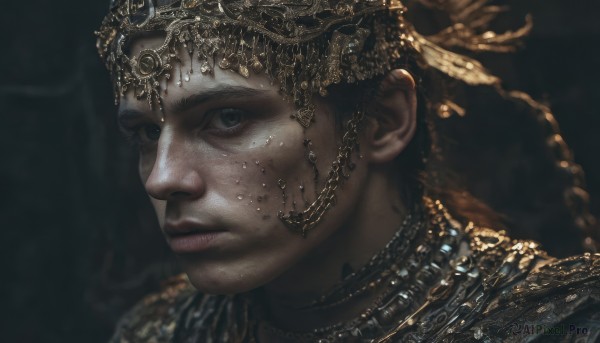 1girl,solo,looking at viewer,short hair,brown hair,black hair,hair ornament,1boy,jewelry,closed mouth,male focus,parted lips,necklace,blurry,black eyes,lips,grey eyes,portrait,freckles,circlet,realistic,nose,gold,eyelashes,chain,gem,veil,close-up,headdress,gold chain,head chain