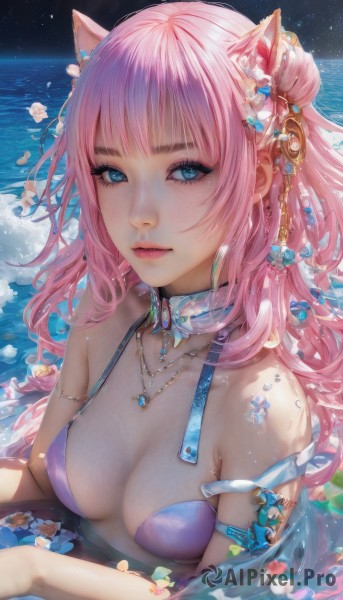 1girl,solo,long hair,breasts,looking at viewer,bangs,blue eyes,hair ornament,animal ears,cleavage,bare shoulders,jewelry,medium breasts,closed mouth,collarbone,swimsuit,upper body,pink hair,flower,bikini,earrings,choker,artist name,cat ears,hair flower,water,necklace,hair bun,lips,wet,animal ear fluff,eyelashes,makeup,gem,star (sky),armlet,partially submerged,nose,purple bikini,outdoors,sky,petals,night,night sky,starry sky,freckles,pink lips,realistic,mascara