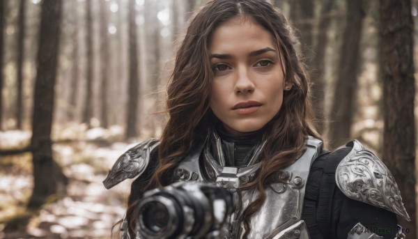 1girl,solo,long hair,looking at viewer,brown hair,holding,brown eyes,closed mouth,upper body,weapon,outdoors,holding weapon,armor,blurry,black eyes,lips,gun,depth of field,blurry background,wavy hair,shoulder armor,holding gun,nature,snow,forest,freckles,pauldrons,breastplate,realistic,aiming,aiming at viewer,jewelry,earrings,tree,sunlight,camera,shoulder pads