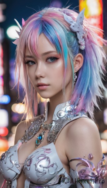 1girl,solo,breasts,looking at viewer,short hair,bangs,blue eyes,hair ornament,cleavage,bare shoulders,jewelry,medium breasts,blue hair,upper body,pink hair,multicolored hair,earrings,parted lips,artist name,medium hair,necklace,blurry,two-tone hair,lips,grey eyes,eyelashes,makeup,depth of field,blurry background,watermark,gem,realistic,nose,flower,signature,armor,armlet,bikini armor,bokeh