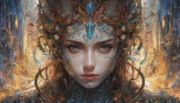 1girl,solo,long hair,looking at viewer,blue eyes,brown hair,closed mouth,parted lips,solo focus,lips,grey eyes,eyelashes,headgear,helmet,portrait,close-up,science fiction,realistic,fantasy,blonde hair,orange hair,makeup,expressionless,building,light particles,serious,headpiece,straight-on