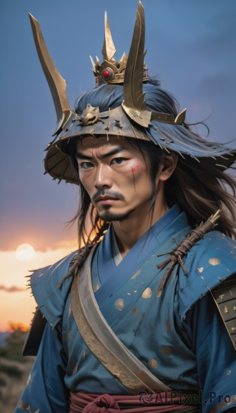 solo,long hair,blue eyes,brown hair,black hair,1boy,closed mouth,upper body,male focus,outdoors,japanese clothes,sky,day,cloud,armor,blurry,black eyes,blue sky,lips,sash,blood,blurry background,facial hair,scar,helmet,shoulder armor,beard,blood on face,realistic,mustache,sun,japanese armor,samurai,kabuto (helmet),looking at viewer,sword,bug,crown,sunset,serious,dirty,dirty face