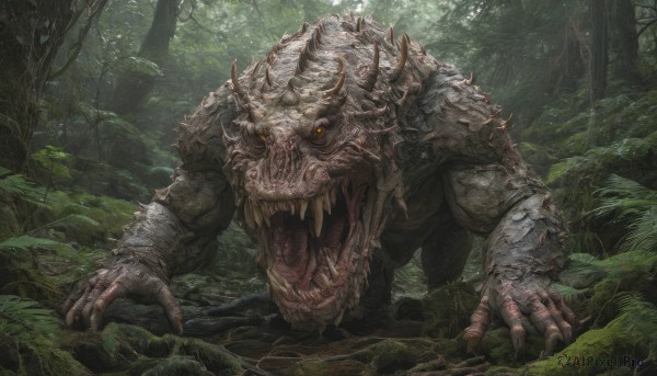 solo,open mouth,yellow eyes,outdoors,horns,teeth,tree,no humans,fangs,sharp teeth,all fours,nature,claws,spikes,forest,monster,moss,dinosaur,looking at viewer,day,sunlight,scenery,colored sclera,fantasy