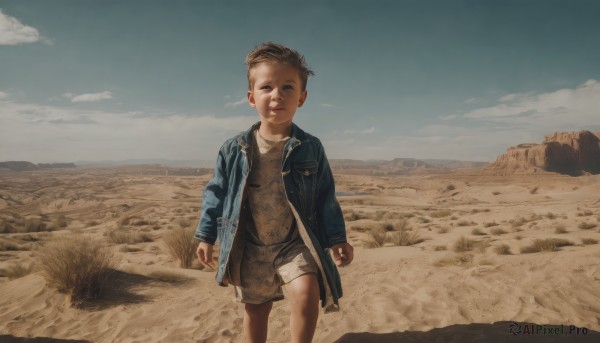 solo,looking at viewer,short hair,brown hair,shirt,long sleeves,1boy,closed mouth,standing,jacket,male focus,outdoors,open clothes,sky,shorts,day,cloud,open jacket,blue sky,denim,blue jacket,child,walking,realistic,male child,desert,denim jacket,bag,rock,sand,leather,dirty,leather jacket