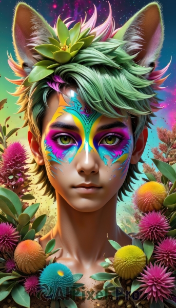 solo,looking at viewer,short hair,hair ornament,1boy,animal ears,closed mouth,green eyes,collarbone,yellow eyes,flower,male focus,multicolored hair,green hair,sky,artist name,cat ears,hair flower,lips,eyelashes,makeup,leaf,facial mark,plant,portrait,star (sky),extra ears,starry sky,nose,facepaint,cat boy,upper body,watermark,web address,bodypaint,colorful,paint splatter,paint