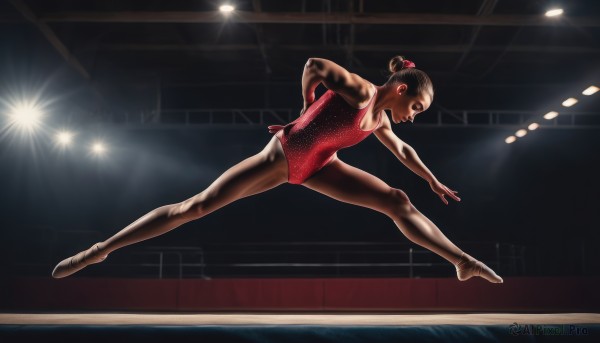 1girl,solo,short hair,brown hair,black hair,hair ornament,full body,pantyhose,barefoot,indoors,dark skin,hair bun,flat chest,leotard,dark-skinned female,single hair bun,red leotard,plantar flexion,lights,athletic leotard,brown eyes,ballerina,ballet