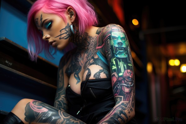 1girl,solo,breasts,looking at viewer,short hair,blue eyes,large breasts,cleavage,bare shoulders,jewelry,medium breasts,sitting,pink hair,earrings,blurry,lips,strapless,tattoo,makeup,blurry background,glowing,piercing,ear piercing,eyeshadow,science fiction,realistic,nose,eyeliner,arm tattoo,facial tattoo,cyborg,cyberpunk,neck tattoo,dress,black dress,eyelashes,night,facial mark,glowing eyes,facepaint,mascara,breast tattoo,eyebrow piercing