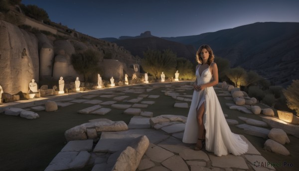 1girl,solo,breasts,looking at viewer,short hair,brown hair,black hair,dress,bare shoulders,brown eyes,jewelry,standing,outdoors,sky,sleeveless,dark skin,white dress,dark-skinned female,tree,night,sleeveless dress,sandals,own hands together,star (sky),night sky,scenery,side slit,starry sky,long dress,candle,statue,medium breasts,necklace,high heels,rock,wide shot