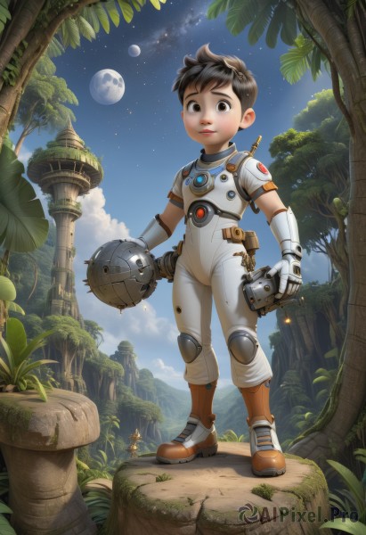 solo,looking at viewer,smile,short hair,brown hair,black hair,gloves,1boy,holding,brown eyes,standing,full body,weapon,male focus,boots,outdoors,sky,cloud,tree,blue sky,night,leaf,moon,plant,robot,goggles,child,star (sky),nature,headwear removed,starry sky,male child,planet,helmet removed,spacesuit,sword,white gloves,armor,bodysuit,grass,night sky,full moon,science fiction,shield,fantasy,mushroom,holding helmet,astronaut