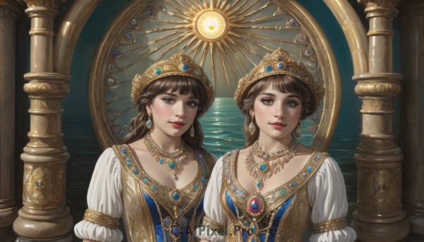 long hair,breasts,looking at viewer,bangs,multiple girls,brown hair,long sleeves,dress,2girls,cleavage,brown eyes,jewelry,closed mouth,collarbone,upper body,braid,short sleeves,earrings,puffy sleeves,water,necklace,puffy short sleeves,lips,makeup,blue dress,siblings,crown,lipstick,sisters,gem,pendant,gold trim,twins,red lips,pillar,gold,symmetry,blush,smile,medium breasts,realistic