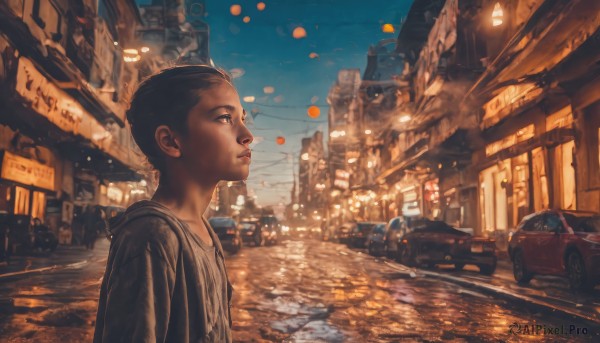 solo,short hair,shirt,black hair,1boy,jacket,upper body,male focus,outdoors,sky,from side,lips,profile,night,ground vehicle,building,scenery,motor vehicle,reflection,city,sign,realistic,car,road,very short hair,power lines,lamppost,street,day,signature,blurry,window,child,science fiction,male child,balloon,vanishing point