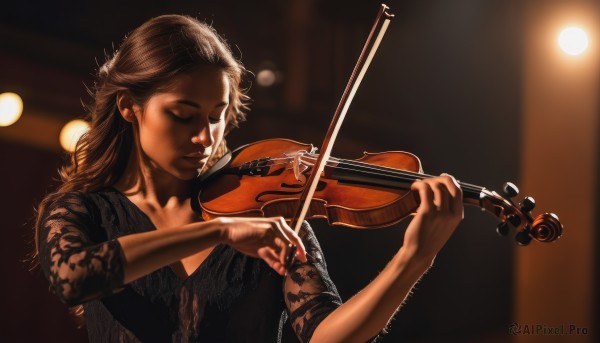 1girl,solo,long hair,brown hair,dress,holding,closed eyes,upper body,artist name,signature,blurry,black dress,lips,blurry background,watermark,instrument,web address,realistic,nose,music,playing instrument,holding instrument,violin,bow (music),light