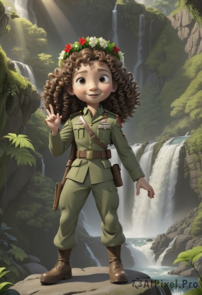 1girl,solo,long hair,looking at viewer,smile,open mouth,brown hair,long sleeves,brown eyes,standing,full body,weapon,flower,boots,outdoors,day,belt,pants,hair flower,dark skin,water,uniform,tree,gun,military,v,military uniform,brown footwear,sunlight,nature,forest,curly hair,pocket,pouch,light rays,rock,holster,head wreath,sunbeam,green pants,waterfall,hair ornament,leaf,plant,medal,cliff,flower wreath