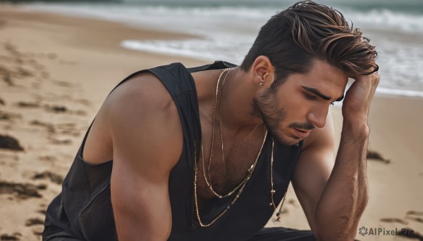 solo,short hair,brown hair,shirt,black hair,1boy,jewelry,closed eyes,upper body,male focus,earrings,outdoors,sleeveless,day,dark skin,necklace,blurry,muscular,blurry background,facial hair,scar,beach,dark-skinned male,thick eyebrows,tank top,pectorals,muscular male,bara,beard,mature male,realistic,sand,stubble,undercut,chest hair,black tank top,photo background,arm hair,chain necklace,bare shoulders,closed mouth,water,black shirt,ocean