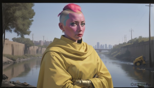 1girl,solo,looking at viewer,short hair,jewelry,upper body,pink hair,red hair,multicolored hair,earrings,outdoors,parted lips,day,dark skin,hood,water,two-tone hair,dark-skinned female,tree,lips,makeup,crossed arms,robot,lipstick,building,reflection,science fiction,robe,realistic,nose,very short hair,undercut,river,very dark skin,lake,mohawk,brown eyes,green eyes,sky,border,ground vehicle,motor vehicle,asymmetrical hair,car,power lines