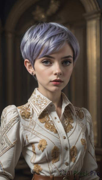 1girl,solo,looking at viewer,short hair,bangs,blue eyes,shirt,long sleeves,jewelry,closed mouth,white shirt,upper body,grey hair,earrings,parted lips,collared shirt,belt,blurry,lips,grey eyes,eyelashes,makeup,buttons,blurry background,piercing,floral print,buckle,freckles,belt buckle,realistic,nose,stud earrings,brown belt,very short hair,pillar,breasts,lipstick,red lips