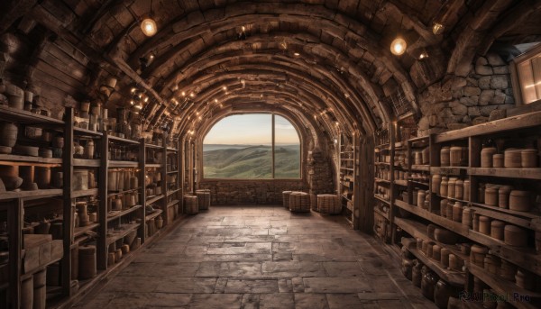 day,indoors,water,book,no humans,window,ocean,sunlight,scenery,wooden floor,stairs,door,railing,bookshelf,shelf,barrel,sky,cloud,chair,lantern,mountain,fantasy,brick wall,shop,arch