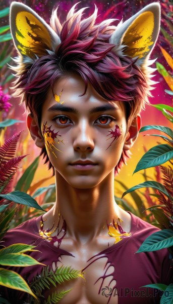 solo,looking at viewer,short hair,shirt,red eyes,1boy,animal ears,brown eyes,closed mouth,collarbone,upper body,pink hair,purple hair,male focus,outdoors,artist name,blurry,lips,orange eyes,torn clothes,fox ears,leaf,facial mark,thick eyebrows,pectorals,plant,portrait,nose,torn shirt,fox boy,watermark,scar,bug,web address,extra ears,realistic