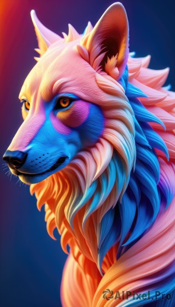 solo,looking at viewer,simple background,closed mouth,upper body,artist name,signature,from side,orange eyes,gradient,gradient background,pokemon (creature),no humans,animal,blue background,feathers,portrait,realistic,nose,animal focus,whiskers,blue hair,yellow eyes,watermark,web address