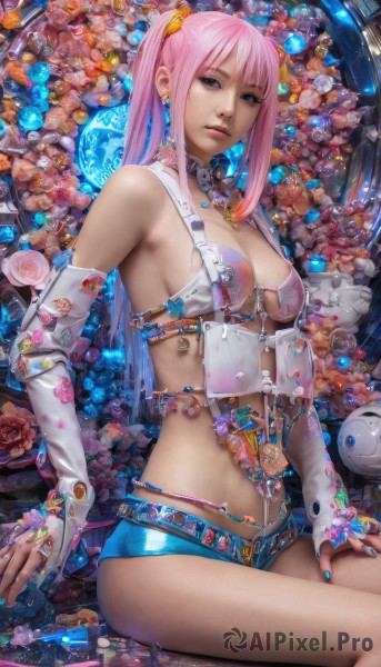 1girl,solo,long hair,breasts,looking at viewer,bangs,blue eyes,hair ornament,gloves,navel,cleavage,bare shoulders,twintails,jewelry,medium breasts,sitting,swimsuit,pink hair,flower,sidelocks,bikini,multicolored hair,earrings,parted lips,detached sleeves,shorts,elbow gloves,midriff,belt,fingerless gloves,nail polish,lips,fingernails,short shorts,makeup,scrunchie,revealing clothes,bridal gauntlets,bikini top only,blue nails,blue shorts,realistic,micro shorts,closed mouth,underwear,thighs,choker,necklace,rose,watermark,piercing,ring,robot,gem,science fiction,hand on own thigh,navel piercing