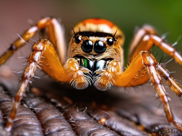 solo,looking at viewer,blurry,no humans,depth of field,blurry background,bug,spikes,motion blur,realistic,animal focus,spider,full body,artist name,signature,black eyes,animal