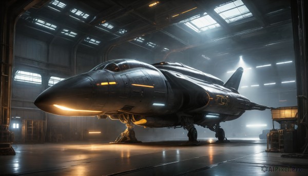 HQ,indoors,signature,military,no humans,window,robot,scenery,reflection,science fiction,realistic,aircraft,military vehicle,airplane,light,vehicle focus,spacecraft,lights,fighter jet,solo,1boy,jet,cockpit,pilot