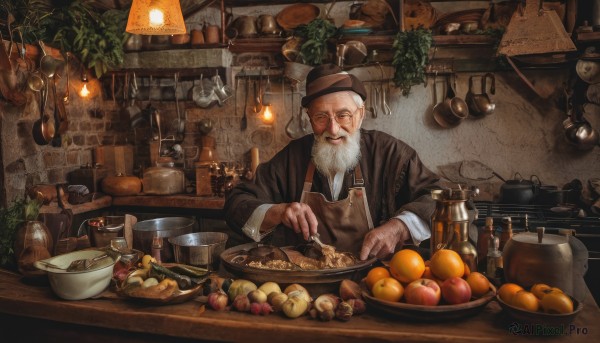 solo,smile,shirt,long sleeves,1boy,hat,holding,jacket,closed eyes,white shirt,weapon,white hair,male focus,food,indoors,apron,gun,black headwear,fruit,facial hair,scar,table,bottle,knife,plant,beard,sleeves rolled up,bowl,spoon,mustache,apple,basket,potted plant,lamp,bread,old,old man,cooking,shelf,grapes,orange (fruit),kitchen,jar,banana,counter,soup,cutting board,loaded interior,looking at viewer,open mouth,upper body,grey hair,plate,fork,bald,ladle,lemon,stone wall,potato,wrinkled skin,onion,hook