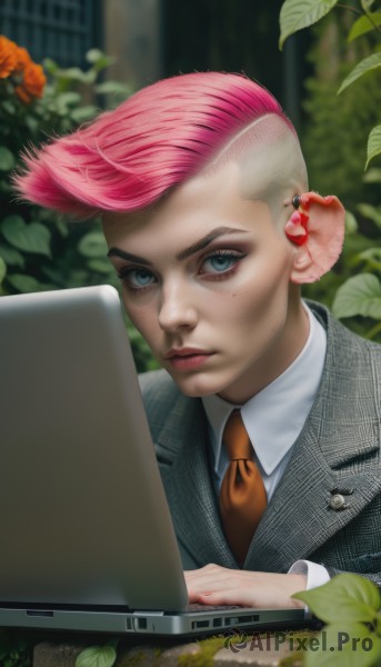 1girl,solo,looking at viewer,short hair,blue eyes,shirt,long sleeves,jewelry,closed mouth,jacket,white shirt,upper body,pink hair,flower,male focus,multicolored hair,earrings,outdoors,necktie,collared shirt,artist name,mole,blurry,two-tone hair,lips,eyelashes,makeup,blurry background,leaf,piercing,formal,suit,plant,ear piercing,freckles,realistic,grey jacket,nose,computer,very short hair,undercut,laptop,mascara,orange necktie,brown necktie,pinstripe suit,hair ornament,striped,black jacket,mole under eye,dress shirt,watermark,scar,expressionless,red necktie,red flower,scar on face,scar across eye,striped necktie,pinstripe pattern