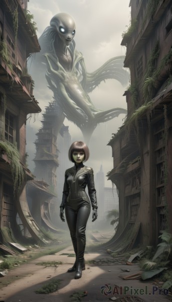 1girl,solo,breasts,short hair,blue eyes,brown hair,gloves,standing,jacket,full body,outdoors,pants,bodysuit,bob cut,building,walking,science fiction,monster,city,arms at sides,black bodysuit,giant,ruins,alien,overgrown,post-apocalypse,looking at viewer,black hair,boots,sky,day,cloud,tree,mask,glowing,plant,glowing eyes,road,leather,leather jacket,rubble