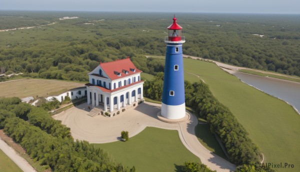 outdoors,sky,day,water,tree,no humans,ocean,grass,building,nature,scenery,forest,horizon,road,bush,house,river,castle,tower,landscape,lake,path,scarlet devil mansion,cloud,blue sky,beach,field,town,lighthouse