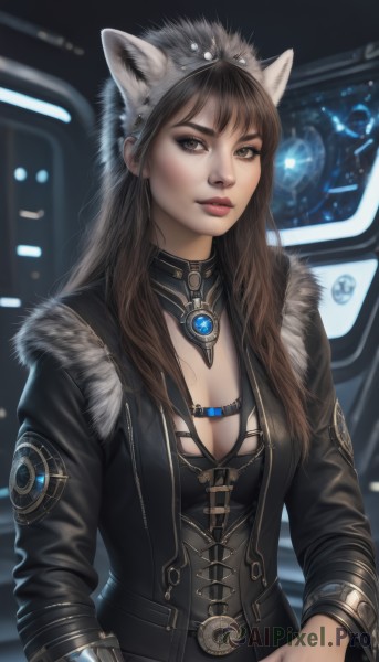 1girl,solo,long hair,breasts,looking at viewer,bangs,brown hair,long sleeves,animal ears,cleavage,brown eyes,jewelry,medium breasts,jacket,upper body,belt,cat ears,lips,black jacket,fur trim,makeup,fake animal ears,science fiction,realistic,nose,red lips,leather,signature,necklace,bracelet,corset