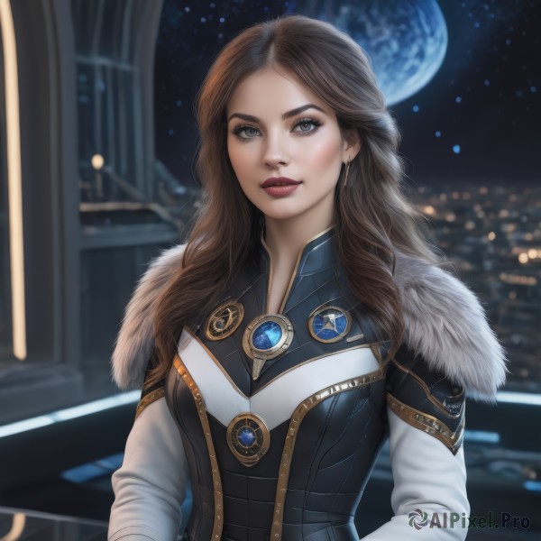 1girl,solo,long hair,breasts,looking at viewer,smile,brown hair,long sleeves,brown eyes,jewelry,upper body,earrings,sky,blurry,lips,coat,grey eyes,fur trim,makeup,night,blurry background,moon,lipstick,gem,star (sky),night sky,full moon,realistic,red lips,planet,medium breasts,artist name,watermark,eyeshadow,nose,earth (planet)