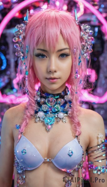 1girl,solo,long hair,breasts,looking at viewer,blue eyes,hair ornament,cleavage,jewelry,medium breasts,swimsuit,upper body,pink hair,bikini,small breasts,choker,necklace,mole,lips,tattoo,makeup,drill hair,gem,bikini top only,armlet,mole on breast,realistic,bangs,bare shoulders,underwear,braid,parted lips,artist name,bra,blurry,collar,eyelashes,crystal