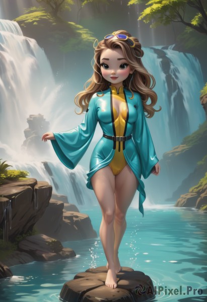 1girl,solo,long hair,breasts,looking at viewer,blush,smile,open mouth,brown hair,long sleeves,cleavage,brown eyes,medium breasts,standing,swimsuit,full body,outdoors,parted lips,barefoot,teeth,day,artist name,wide sleeves,water,black eyes,feet,covered nipples,tree,lips,wet,one-piece swimsuit,bare legs,toes,cameltoe,goggles,nature,breasts apart,skin tight,eyewear on head,wading,forest,walking,toenails,goggles on head,rock,center opening,waterfall,stream,belt,leotard,legs,bodysuit,thigh gap,sunglasses,freckles,yellow bodysuit,yellow leotard