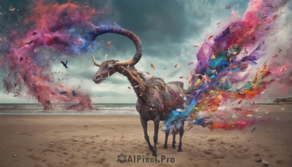 outdoors, horns, sky, day, cloud, dutch angle, no humans, bird, animal, bug, fire, scenery, fantasy, sand, horse, desert