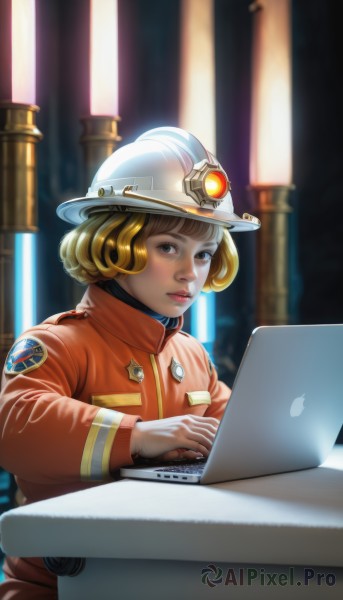 1girl,solo,looking at viewer,short hair,blonde hair,hat,brown eyes,sitting,jacket,upper body,uniform,lips,white headwear,helmet,science fiction,curly hair,realistic,nose,computer,badge,laptop,blue eyes,brown hair,gloves,long sleeves,closed mouth,blurry,blurry background,table,brown gloves,freckles,orange jacket