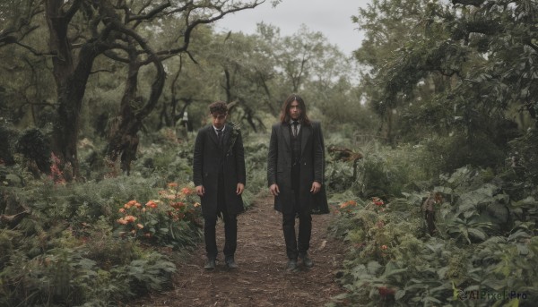 long hair,looking at viewer,short hair,bangs,brown hair,shirt,black hair,long sleeves,closed mouth,standing,jacket,white shirt,flower,male focus,outdoors,multiple boys,necktie,shoes,day,collared shirt,pants,2boys,black footwear,tree,coat,black jacket,black pants,formal,suit,grass,plant,nature,scenery,black necktie,forest,walking,black coat,arms at sides,bush,mushroom,wide shot,black suit,path,hood,hood up