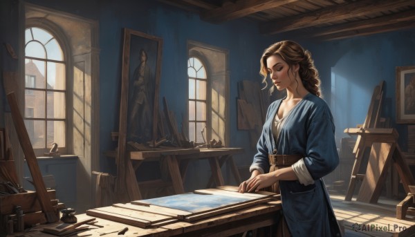 1girl,solo,long hair,breasts,blonde hair,brown hair,long sleeves,dress,cleavage,jewelry,closed mouth,standing,collarbone,closed eyes,day,belt,indoors,lips,window,blue dress,chair,table,sunlight,robe,light rays,nose,paintbrush,painting (object),painting (action),canvas (object),easel,portrait (object),brown eyes,medium breasts,cowboy shot,necklace,book,shadow,looking down,picture frame,wooden table,inkwell