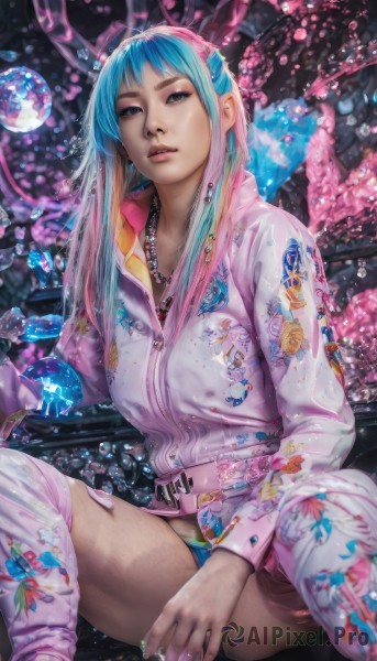 1girl,solo,long hair,breasts,looking at viewer,bangs,thighhighs,long sleeves,jewelry,sitting,underwear,blue hair,panties,jacket,pink hair,multicolored hair,earrings,boots,parted lips,belt,spread legs,necklace,nail polish,blurry,two-tone hair,lips,fingernails,aqua hair,gradient hair,makeup,ring,zipper,bubble,blue panties,realistic,nose,eyeliner,pink jacket,print jacket,pants,black eyes,watermark,eyeshadow