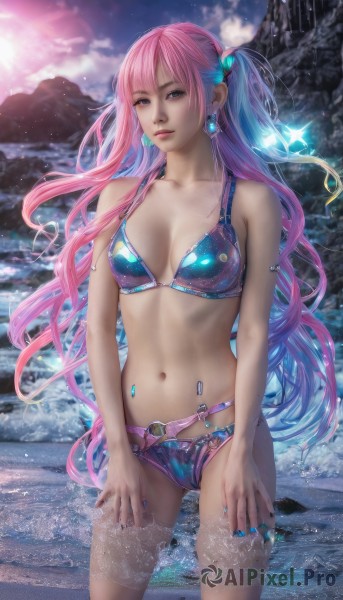 1girl,solo,long hair,breasts,looking at viewer,bangs,blue eyes,hair ornament,navel,cleavage,jewelry,medium breasts,very long hair,closed mouth,blue hair,standing,collarbone,swimsuit,pink hair,bikini,multicolored hair,cowboy shot,earrings,outdoors,sky,cloud,water,stomach,nail polish,two-tone hair,lips,ocean,one side up,watermark,beach,blue bikini,wading,blue nails,realistic,waves,belt,artist name,pink eyes,gradient hair,web address,multicolored clothes,rock,multicolored bikini