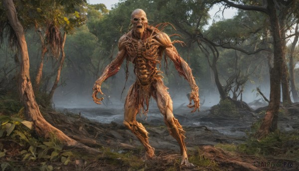 solo,1boy,standing,full body,male focus,outdoors,teeth,day,tree,no humans,sunlight,grass,plant,nature,scenery,claws,forest,monster,bald,ribs,skeleton,alien,horror (theme),moss,skull,rock,realistic