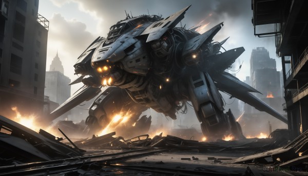 HQ,weapon,outdoors,sky,cloud,no humans,glowing,cloudy sky,fire,robot,building,mecha,smoke,science fiction,city,realistic,explosion,ruins,damaged,debris,destruction,sparks,flying,battle