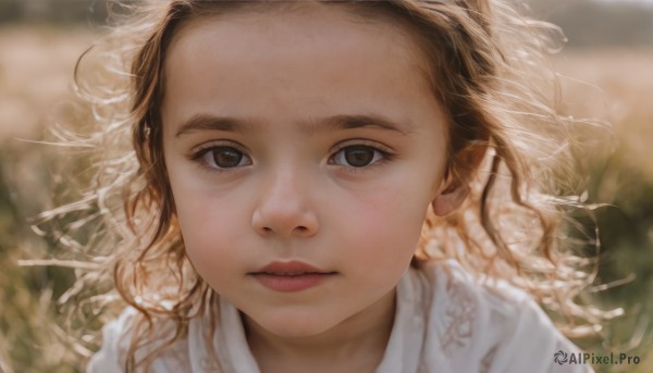 1girl,solo,long hair,looking at viewer,brown hair,brown eyes,closed mouth,white shirt,blurry,black eyes,lips,eyelashes,depth of field,blurry background,expressionless,portrait,close-up,forehead,curly hair,realistic,nose,wind