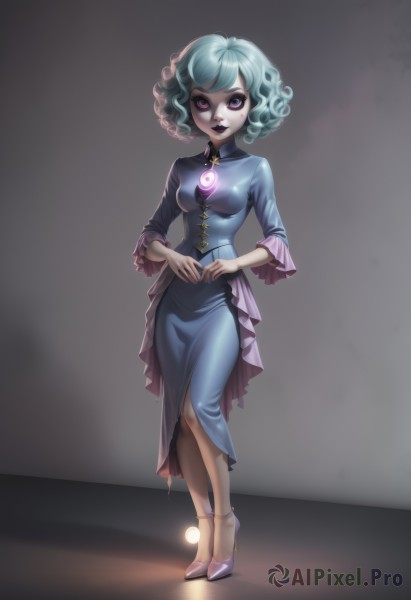 1girl,solo,breasts,looking at viewer,smile,short hair,long sleeves,dress,medium breasts,blue hair,standing,purple eyes,full body,pantyhose,small breasts,frills,green hair,shoes,high heels,lips,aqua hair,makeup,blue dress,glowing,lipstick,gem,corset,eyeshadow,curly hair,purple lips,spotlight,skirt,jewelry,pink eyes