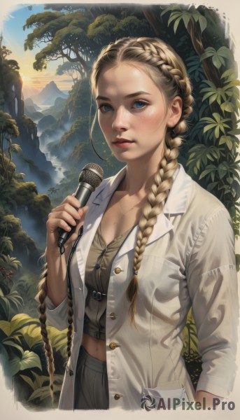 1girl,solo,long hair,breasts,looking at viewer,blush,blue eyes,blonde hair,shirt,navel,holding,cleavage,jewelry,medium breasts,upper body,braid,outdoors,parted lips,midriff,necklace,tree,lips,coat,buttons,plant,nature,microphone,forest,freckles,mountain,realistic,nose,holding microphone,long sleeves,very long hair,closed mouth,collarbone,jacket,open clothes,sky,artist name,mole,twin braids,open jacket,leaf,sunlight,hair over shoulder,white coat