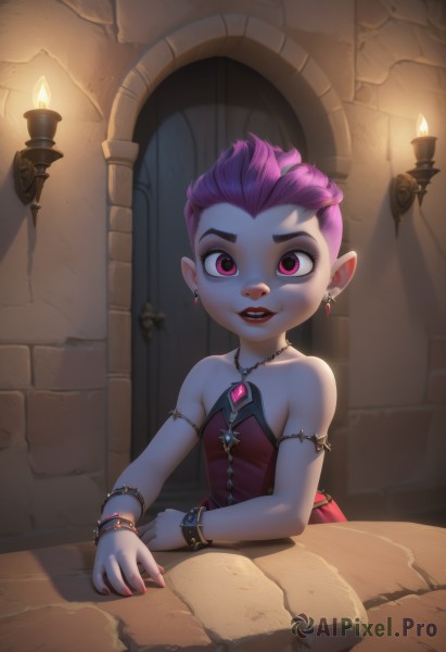 1girl,solo,looking at viewer,smile,short hair,open mouth,dress,bare shoulders,jewelry,purple eyes,collarbone,upper body,pink hair,purple hair,earrings,parted lips,teeth,pointy ears,artist name,indoors,pink eyes,necklace,nail polish,flat chest,bracelet,fingernails,book,strapless,makeup,piercing,red dress,table,lipstick,gem,ear piercing,strapless dress,red nails,pink nails,armlet,eyeshadow,red lips,candle,wall,candlelight,breasts,lips,thick eyebrows,armband