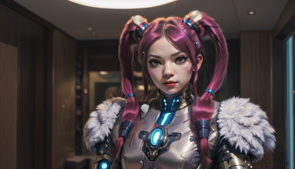 1girl,solo,long hair,looking at viewer,bangs,hair ornament,twintails,brown eyes,closed mouth,upper body,pink hair,purple hair,sidelocks,indoors,armor,blurry,lips,fur trim,makeup,blurry background,facial mark,hair tubes,lipstick,fur collar,nose,red lips,eyeliner,facepaint,jacket,red hair,parted lips,parted bangs,window,bodysuit,hair tie,dirty,dirty face