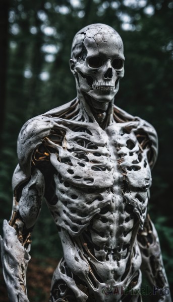 solo,looking at viewer,1boy,standing,upper body,male focus,cowboy shot,teeth,blurry,no humans,blurry background,science fiction,skull,bald,ribs,skeleton,alien,horror (theme),muscular,abs,monster