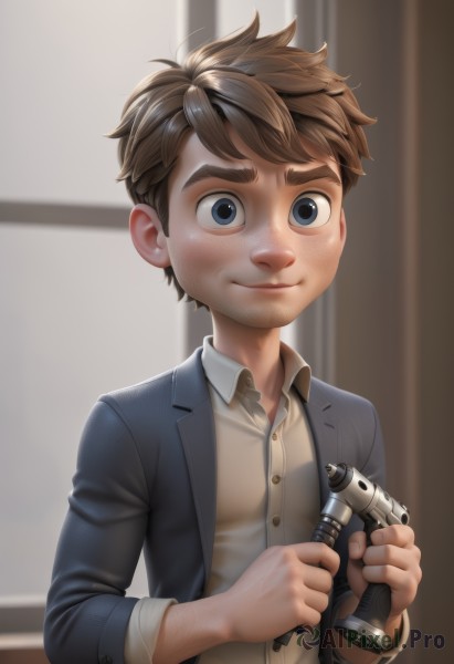 solo,looking at viewer,smile,short hair,blue eyes,brown hair,shirt,long sleeves,1boy,holding,closed mouth,jacket,white shirt,upper body,male focus,open clothes,collared shirt,indoors,blurry,open jacket,window,dress shirt,buttons,blurry background,thick eyebrows,blue jacket,child,freckles,camera,male child,toy,weapon,artist name,holding weapon,gun,facial hair,formal,suit,realistic