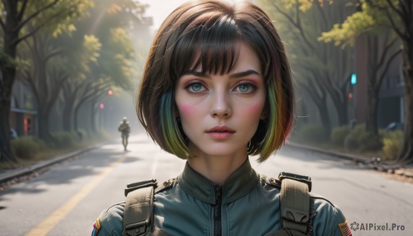 1girl,solo,looking at viewer,short hair,bangs,blue eyes,brown hair,black hair,green eyes,jacket,upper body,multicolored hair,outdoors,parted lips,green hair,teeth,solo focus,day,artist name,blurry,uniform,two-tone hair,tree,lips,makeup,depth of field,blurry background,facial mark,sunlight,bob cut,zipper,realistic,nose,road,bush,facepaint,police,street,police uniform,policewoman,blush,eyelashes,thick eyebrows,lipstick,portrait,eyeshadow,science fiction,pink lips,sign,mascara,cyberpunk